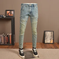 Retro Nostalgic Stitching Jeans Men's Stretch Tight Feet High-End Washed Casual Fashion Street Motorcycle Trousers