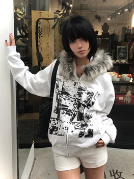 Sottocultura Cappotti finti Giacca grafica da donna con cappuccio in pelliccia di pile con cappuccio Edgy American Retro Street Style e top alla moda Y2K 1