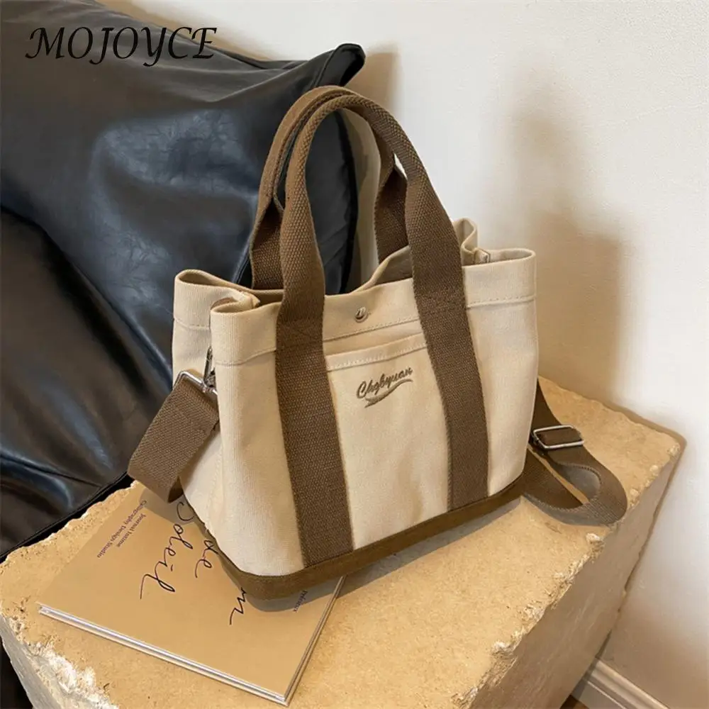 Women Fashion Shoulder Wide Adjustable Strap Canvas Simple Shopping Multi-Pockets Patchwork Tote Handbag Daily Sling Bag_voghion.com