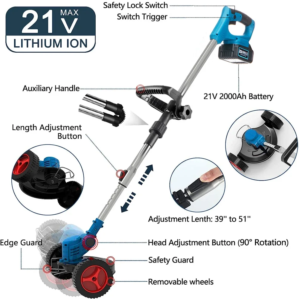 Electric Lawn Mower Cordless Handheld Grass Trimmer Length Adjustable Cutter Household Garden Tools For Makita 18V Battery 2