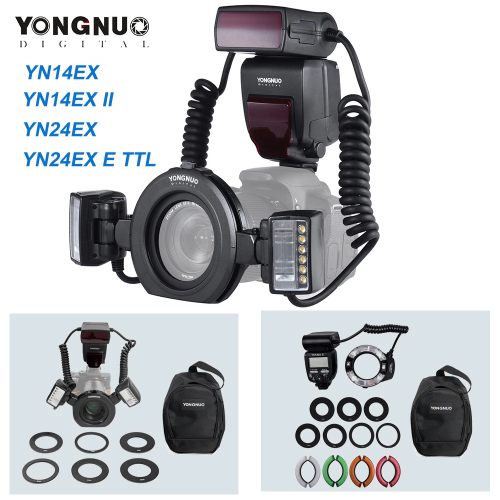 Camera Flash On Camera Flash Yongnuo YN14EX II/YN24EX/YN24EX E TTL Macro Flash for Canon EOS 1Dx 5D3 6D 7D 70D 80D Sony A7II 2*Flash Head+4*Adapter Ring