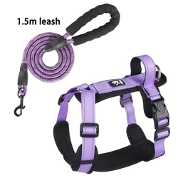 Reflective Adjustable Dog Harness with Handle - Easy Control Vest - M (Purple with leash)