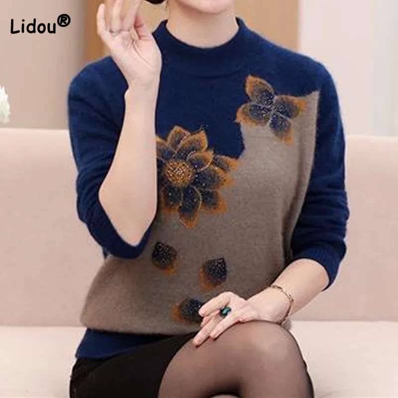 

Autumn Winter Female Vintage Fashion Long Sleeve Floral Sweaters Half High Collar All-match Knitted Pullovers Women's Clothing