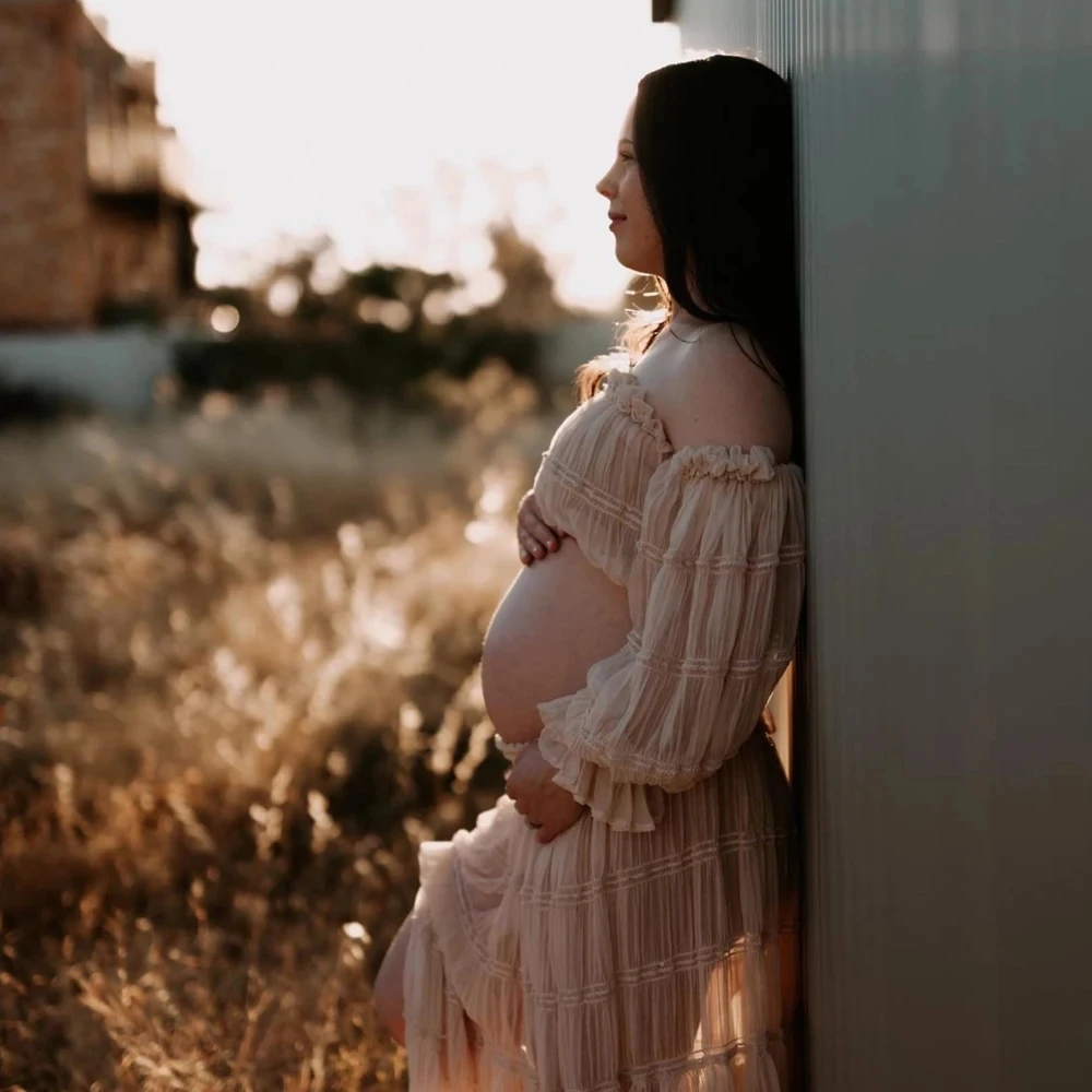 2 in 1 Pleat Maternity Photography Props Outfit Bandeau Lantern Pregnancy Dress For Photo Shoot