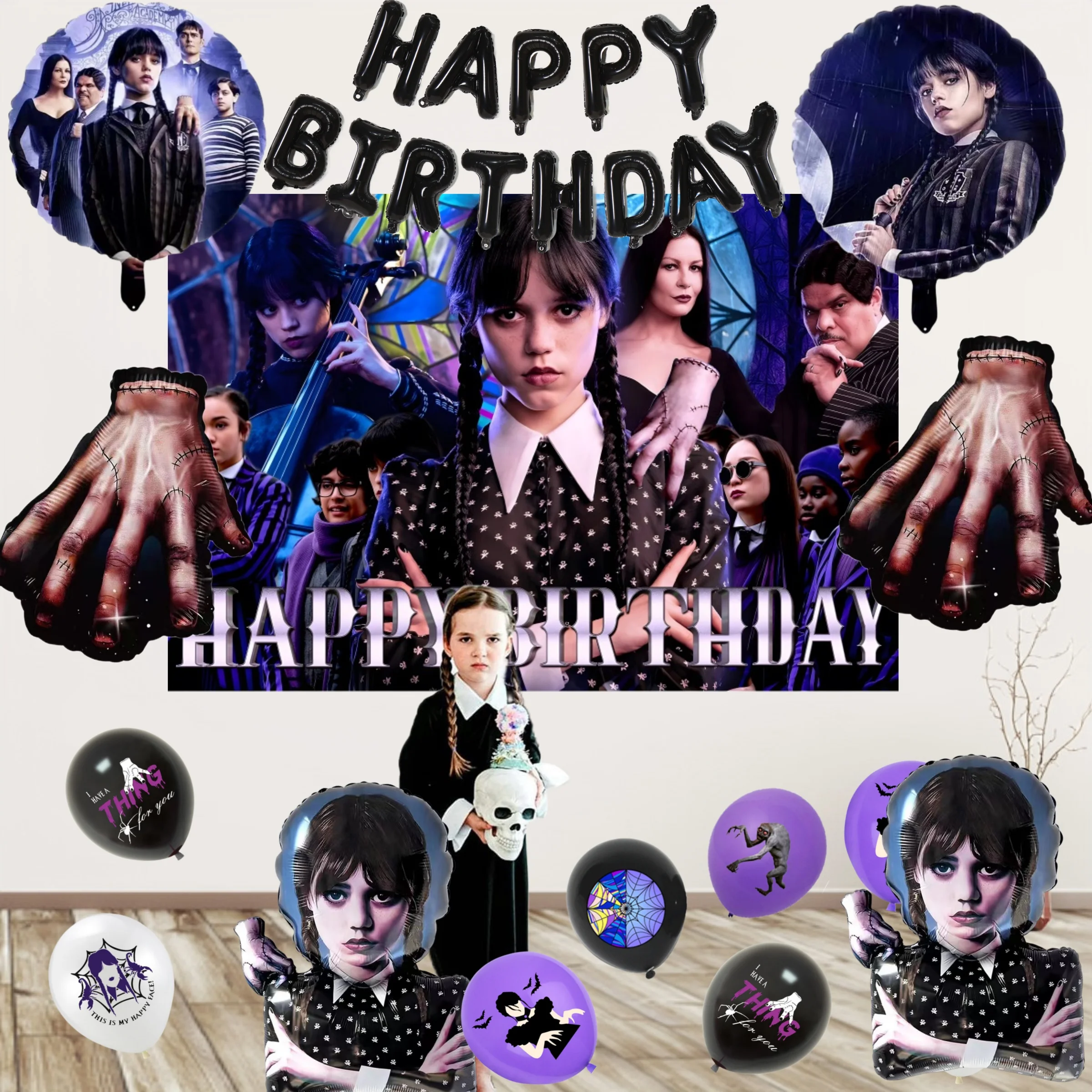 

Wednesday Addams Balloons Birthday Party Decoration Happy Birthday Ballon Backdrop Candy Box Baby Shower Kids DIY Party Supplies