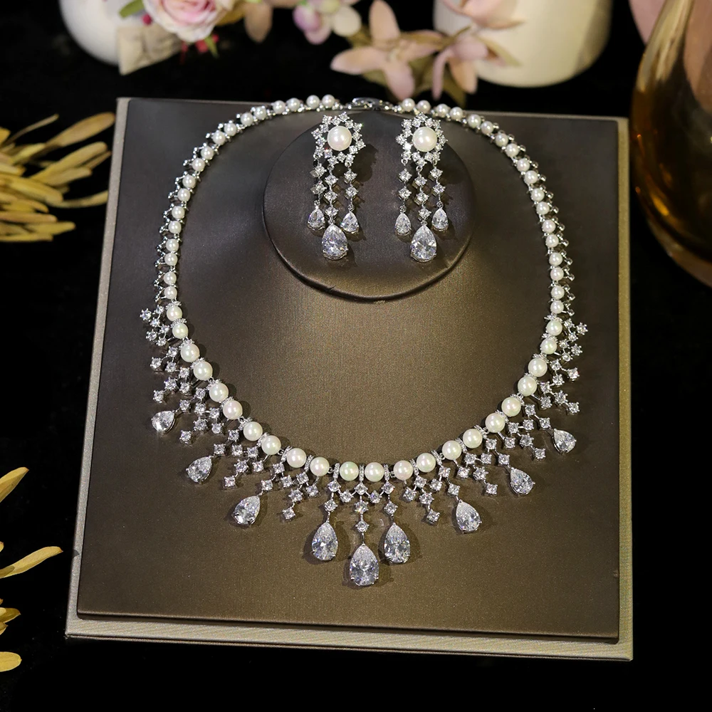 ASNORA Set di gioielli da sposa con zirconi cubici e perle dorate Collana con zirconi cubici per spose set da donna eleganti_voghion.com