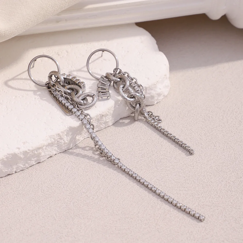 Hiphop Multi Chain Chunky Metal Tassels Dangle Earrings Small Circle Huggie Ear Hoop Sparkle Zircon Mix Color Statement Jewelry