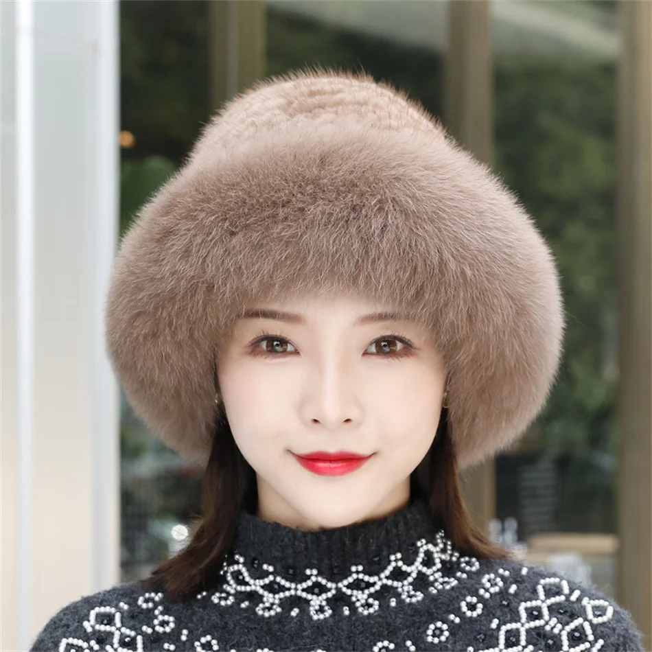 Winter Caps For Women Fur Hats Russian Mink Fur Knitted Beanie Hat Bucket Hat Women Luxury Real Fox Fur Mink Fur Hat Women Hats