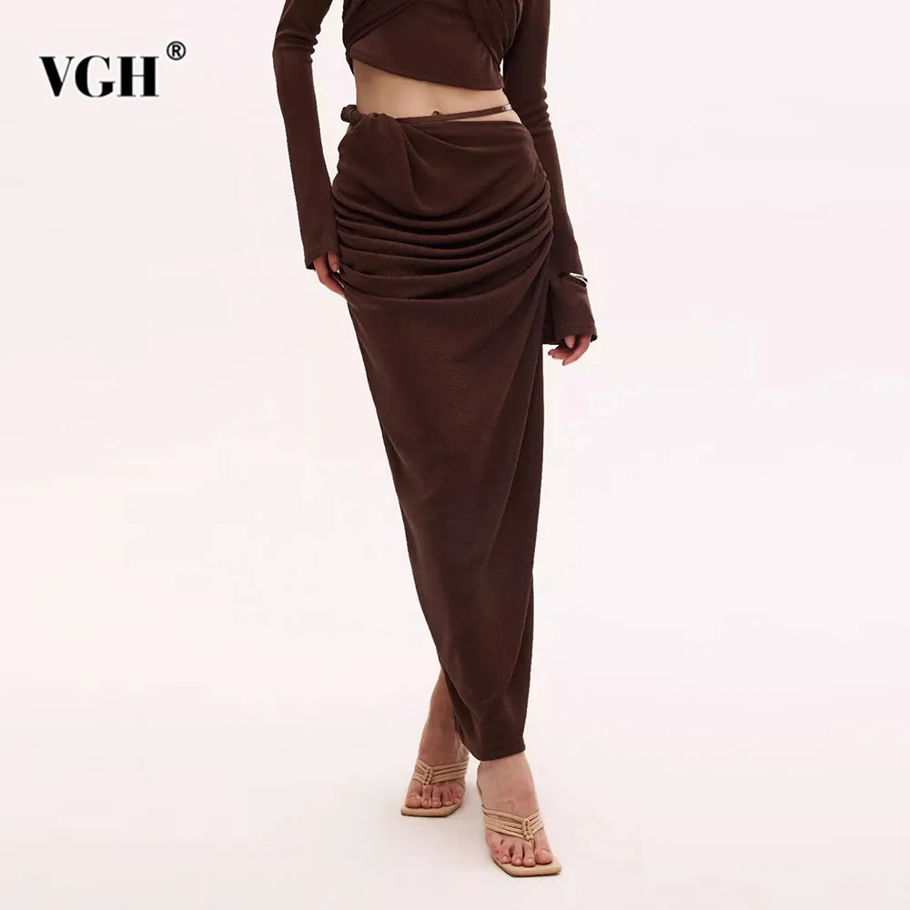 

VGH Solid Patchwork Folds Slimming Skirt For Women High Waist Spliced Belt Minimalist Split Long Skirts Female Fashion Style New