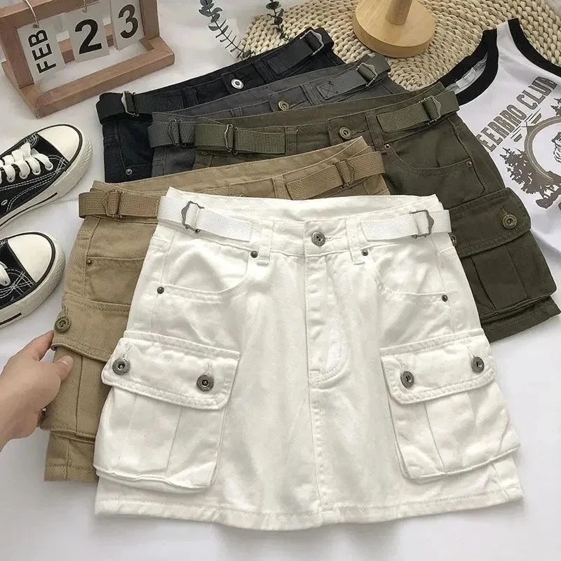 여성용 솔리드 시폰 반바지 스커트, 신축성 허리 주름 미니 스커트, 캐주얼 비치 팔다 사이어스, 여름 패션 9 Y2K 여성용 빈티지 데님 스커트, 하이 웨이스트, 한국 슬림 포켓 카고 스커트, 여성용 스트리트웨어, 솔리드 섹시 슬림 미니 스커트