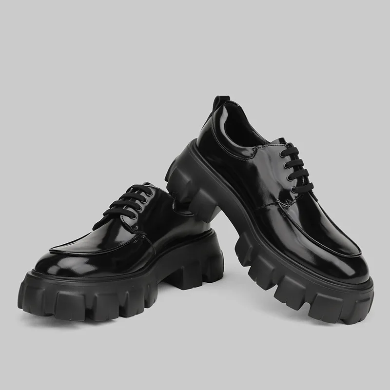 Thick Soled Patent Leather Black Lace Up Casual Sports Men's Shoes, Business Leather Shoes, Men's Formal Attire, Career