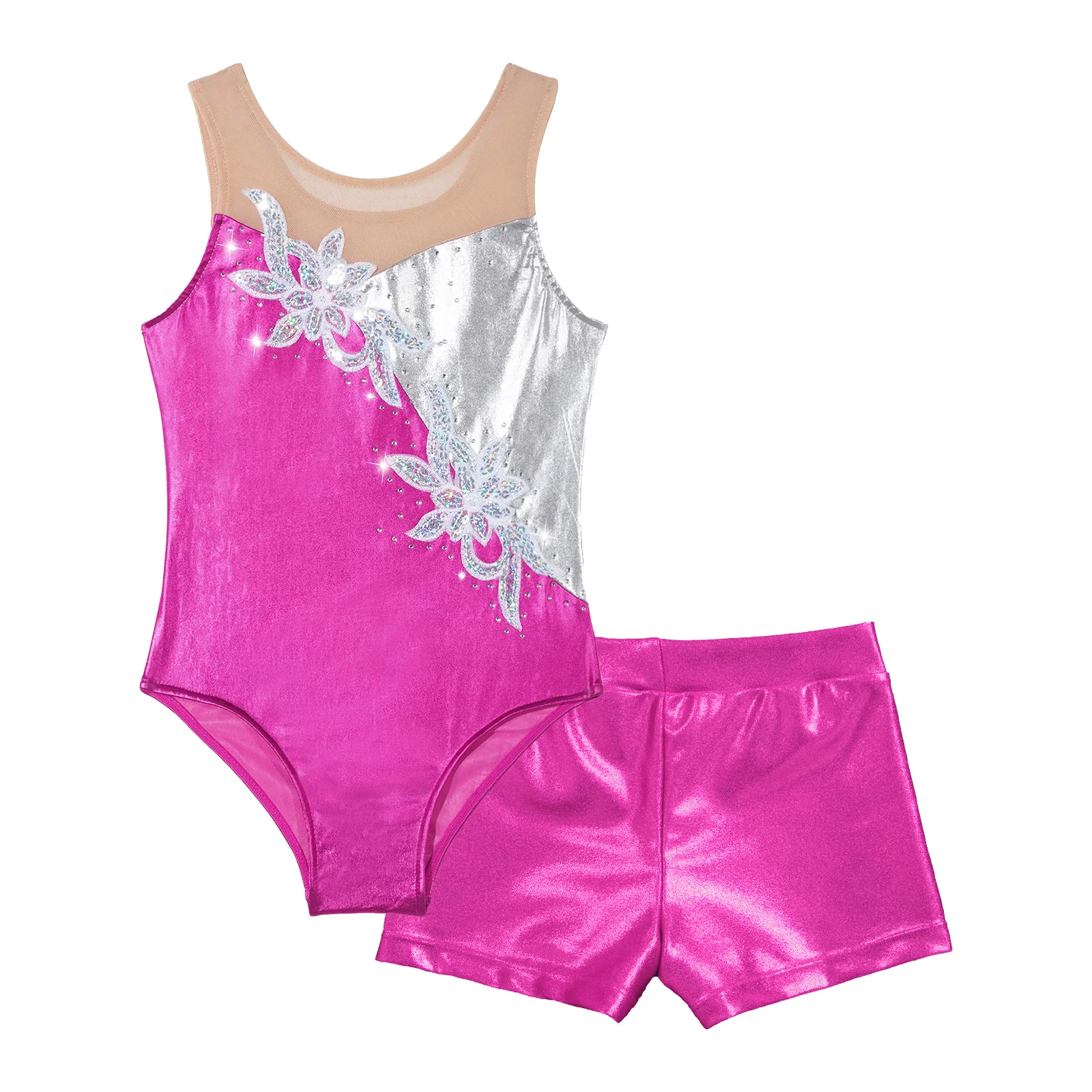 Two-piece Kids Girls Gymnastic Metallic Mesh Ballet Dancewear  Patchwork Glitter Sequin Diamonds Leotard with Shorts Stage Show