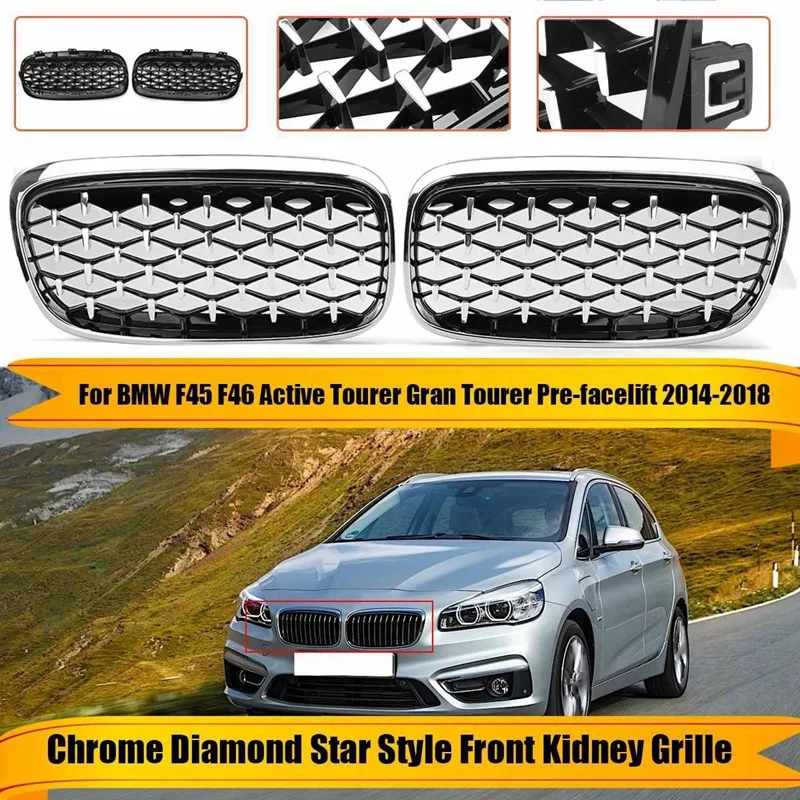 

Chrome Diamond Style Kidney Grille Grill Bumper For -BMW F45 F46 Active Tourer 14-18