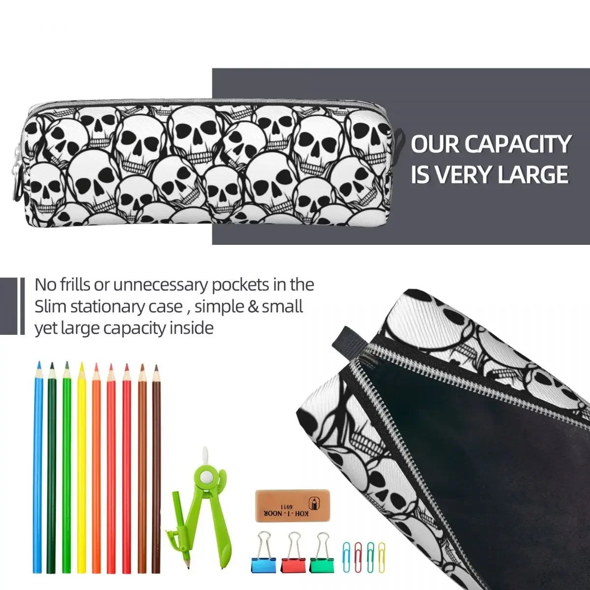 Cool Pencil Case Skeleton  Bag Skulls Print School  Cases Students Square Custom DIY Stationery Organizer 5