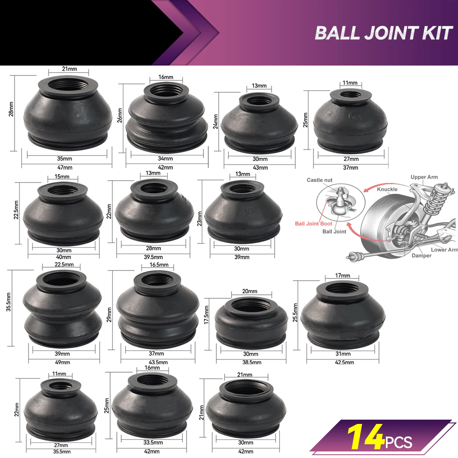 Car Accessories Dust Boot Covers Suspension Steering Ball Joint Boot Cap Track Tie Rod Linkage Kit End Set 14x Car Suspension Parts