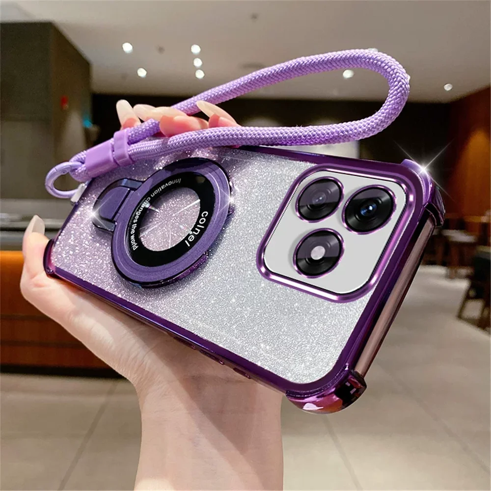 Glitter Shockproof Silicone Phone Case with Magnetic Bracket and Lanyard Strap