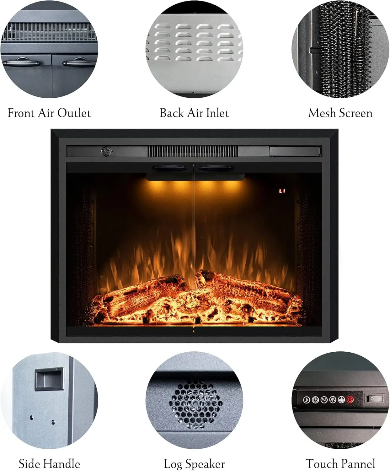 36&rdquo; Electric Fireplace Inserts with Glass Door and Mesh Screen Multicolor Flames & Fire Crackling Sounds Timer