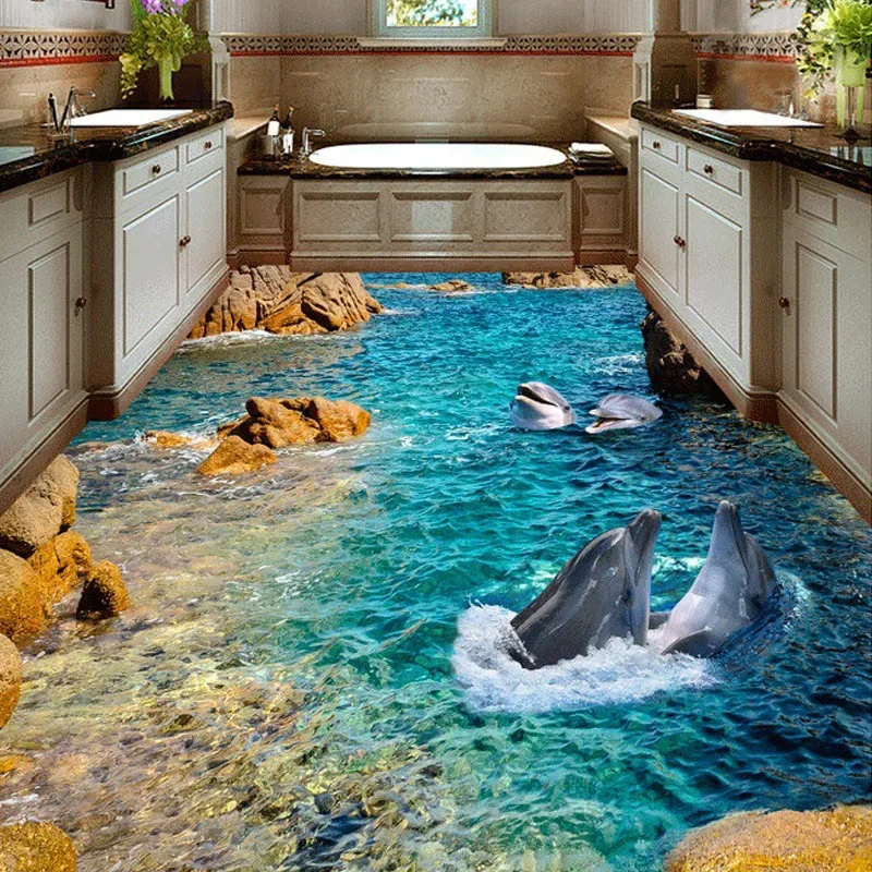 Custom HD Dolphin Seaview 3D Floor Stickers Hotel Bathroom 3D Self-adhesive PVC Non-slip Wear Waterproof Floor Mural Wallpaper bathroom baby shower anti slip mat massager suction cup sheet bath room transparent pad pvc tub bathing massage foot stress