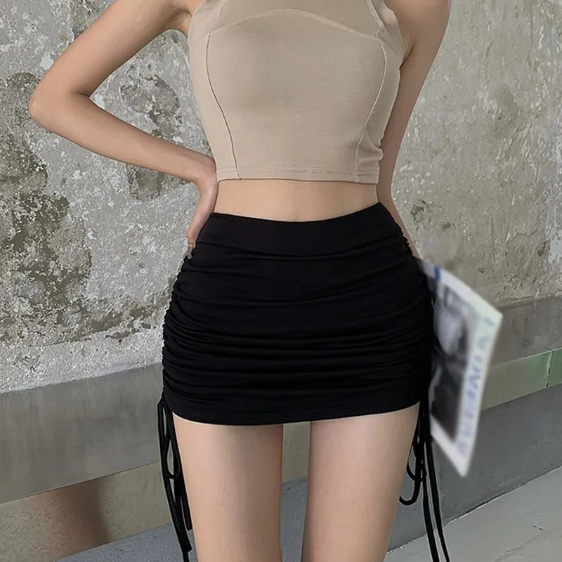 

European And American High Waist Drawstring Elastic Short Skirt Women Summer New Fake Two-piece Anti-glare Culottes Summer Skirt