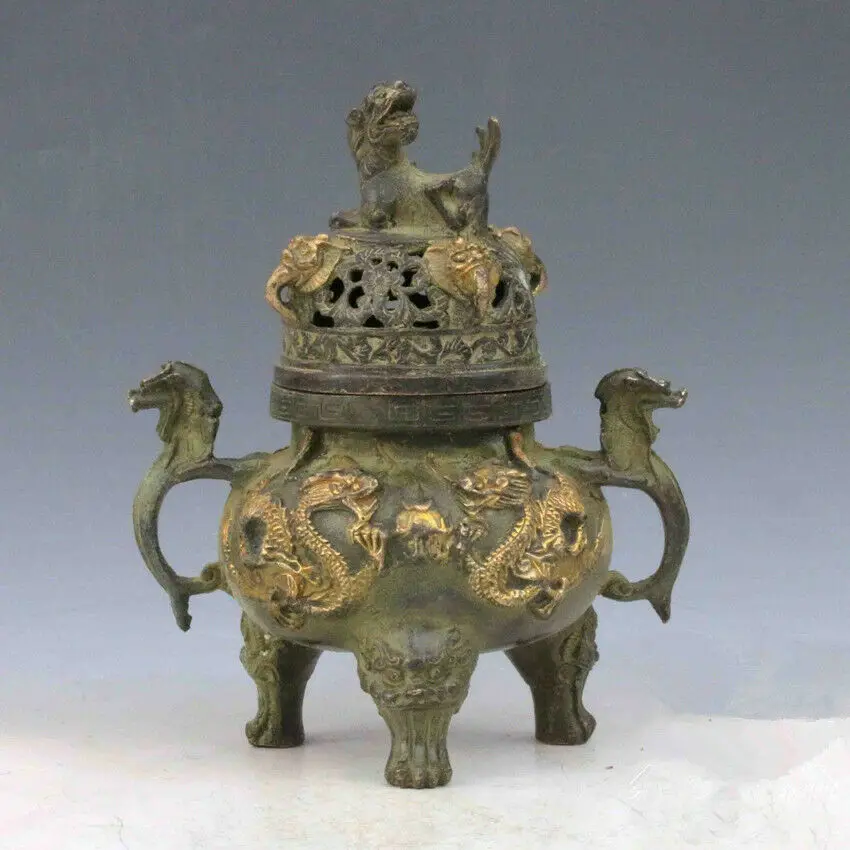 

Collection Chinese old handwork Copper bronze Gilt Dragons incense burner