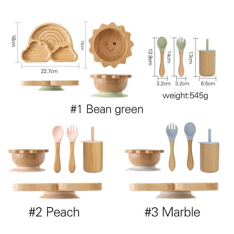 1Set Baby Bamboo Sucker Plates Cups Fork Spoon BPA Free Silicone Non-slip Tableware Children's Feeding Dishes Infant Birth Gifts 6