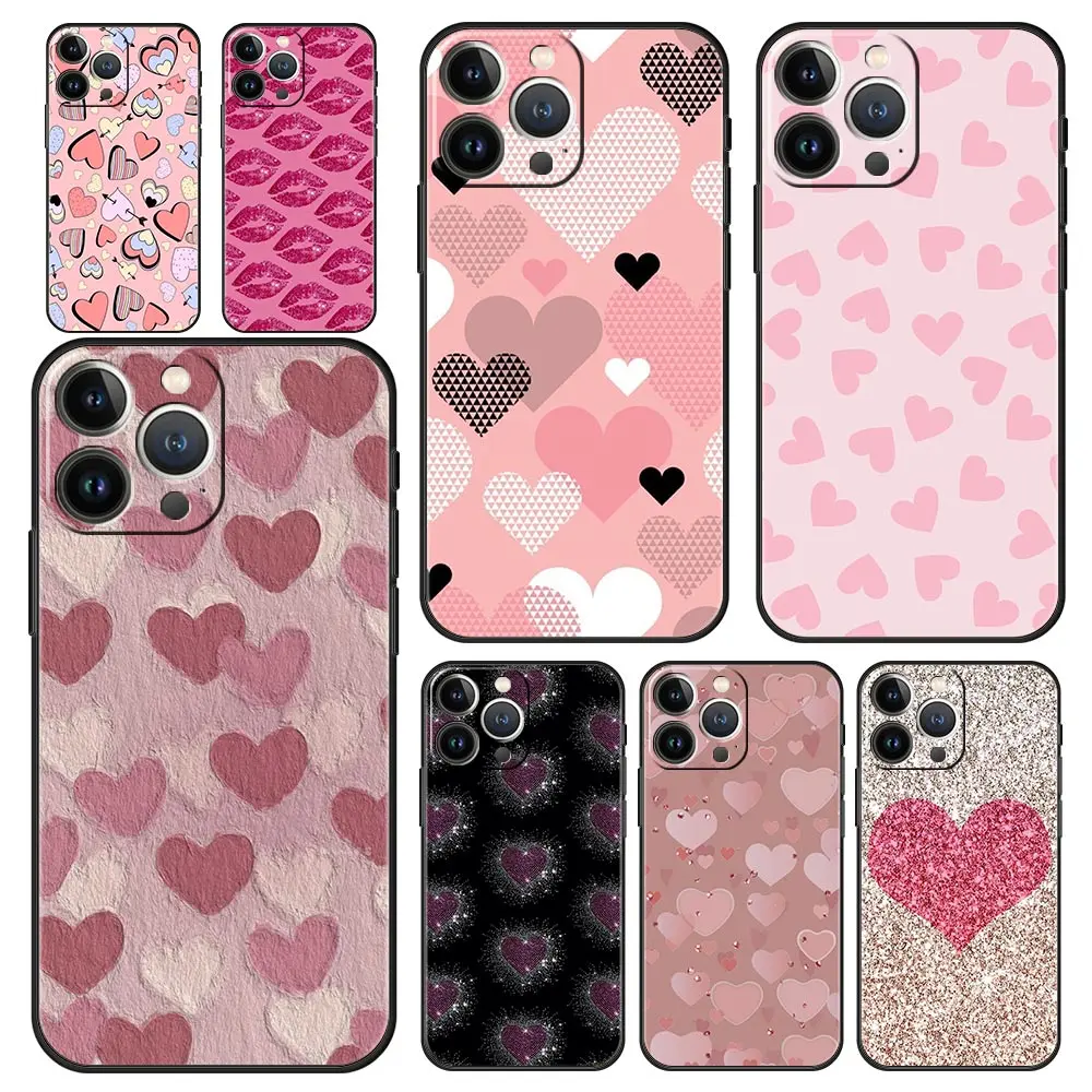 

Gold Pink Rose Glitter Hearts Luxury Soft Phone Case For iPhone 13 15 14 12 11 Pro MAX XR X SE XS 7 8 Plus Silicone Cover