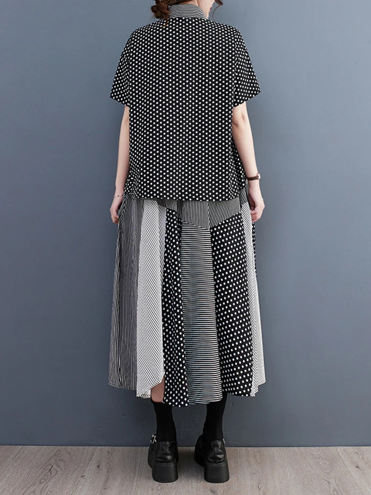 Polka Dot Stripe Print Summer Casual 2 Two Piece Set Short Sleeve Loose Blouse Women Shirt Top Fashion Clothing Skirt Suit 2025