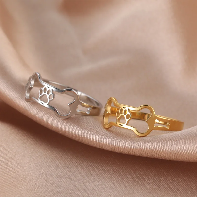 Minimalist Rings Dog Bone Paw Girls Gold Color Stainless Steel Ring Women's - PeticaDeals