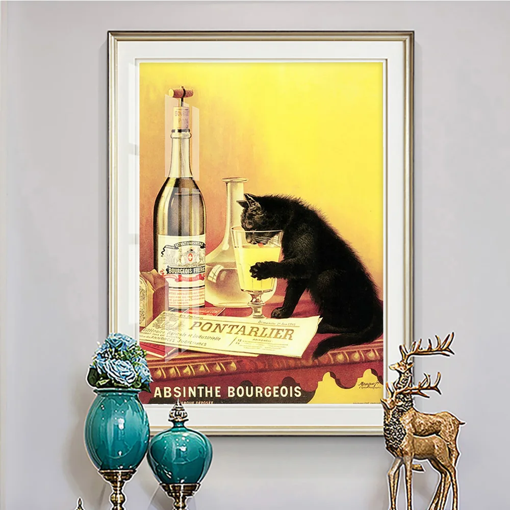 

Black Cat Drinking Absinthe Vintage Print Poster Bourgeois Canvas Painting Animal Wall Picture Decor