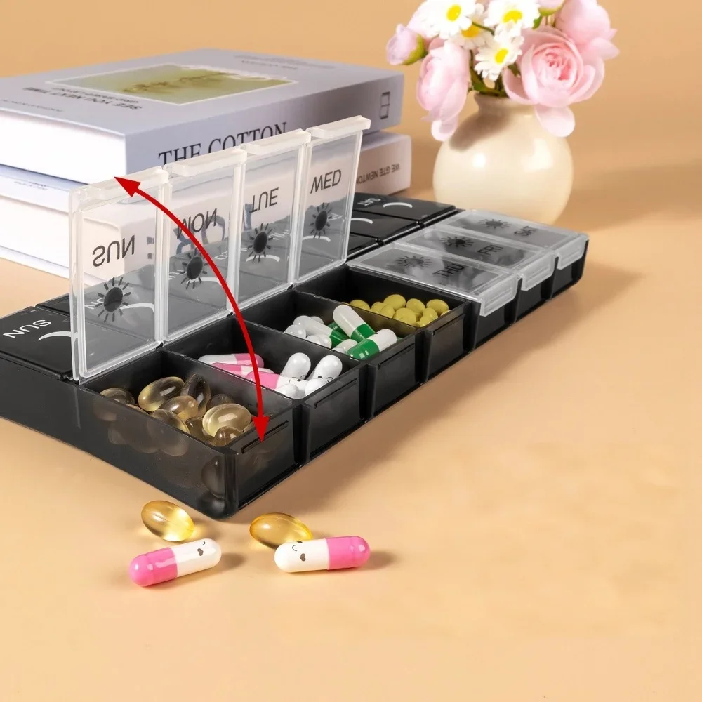 Deluxe Double-Daily Large Capacity Pill Organizer with 14 Compartments for Vitamins and Supplements