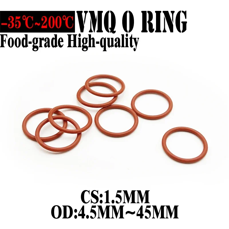 

1000 Pcs Red VMQ Silicone O Ring CS 1.5mm OD 4.5mm ~ 45mm FoodGrade Waterproof Washer Rubber Insulated O Shape Seal Gasket