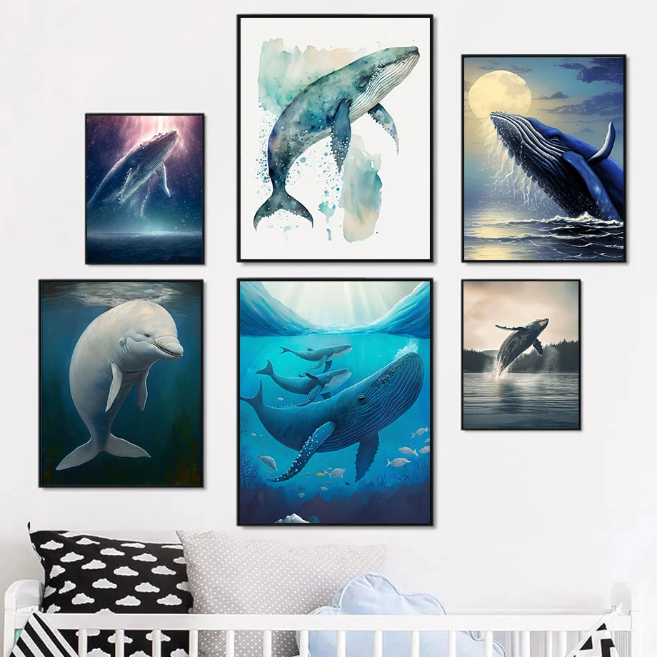 Blue Whale Lifting Ocean Waves Seascape Poster Canvas Painting Jump Whale Sea Animals Wall Art Pictures Home Room Decor