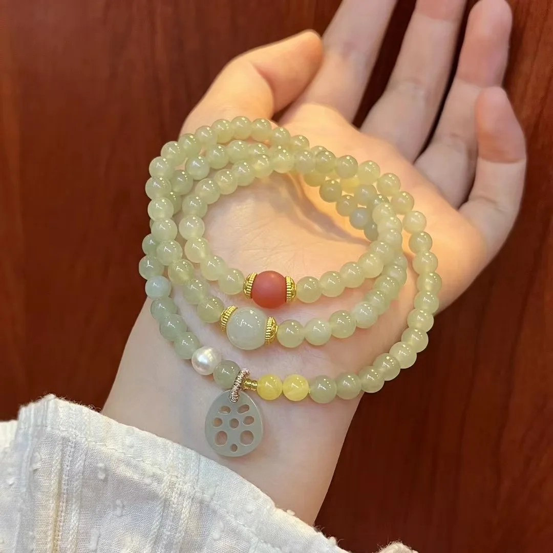 Handgefertigtes mehrreihiges Armband aus natürlicher Hetian-Jade im neokinesischen Stil, Achat-Lotuswurzelscheibe-Anhänger-Armband für Frauen – Detail 3