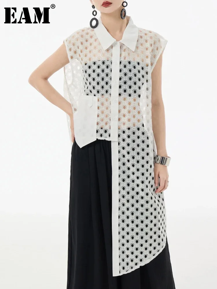 

Женская Асимметричная блузка EAM, белая длинная рубашка без рукавов, с отложным воротником, большие размеры, весна-лето 2024