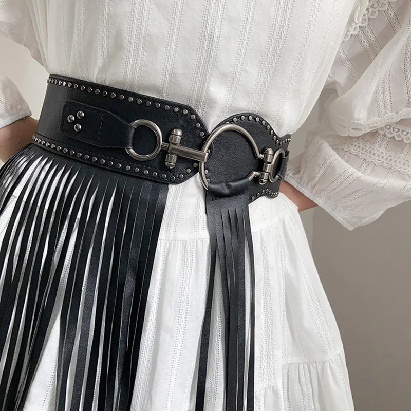 Euro-American punk style long tassel waist cincher women's individuality matching skirt wide waist belt subculture design sense womens dress belt pearl waist belt