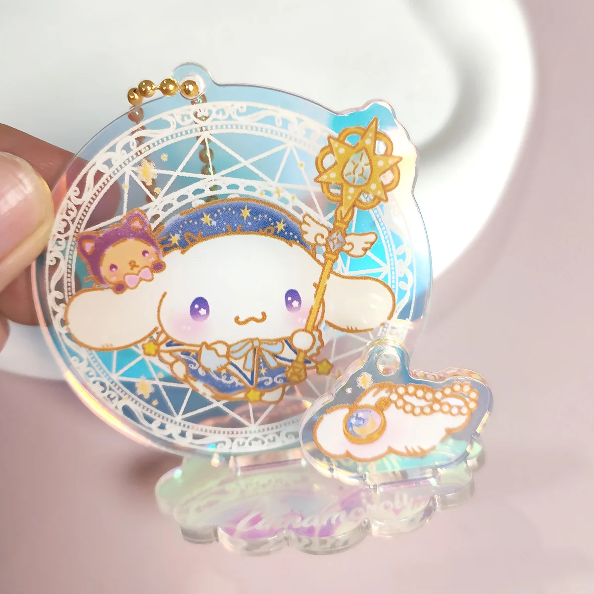 

Sanrio Laser Acrylic Keychain Cute Figure Hello Kitty Cinnamoroll Colorful Acrylic Plate Pendant DIY Accessories Kids Gifts