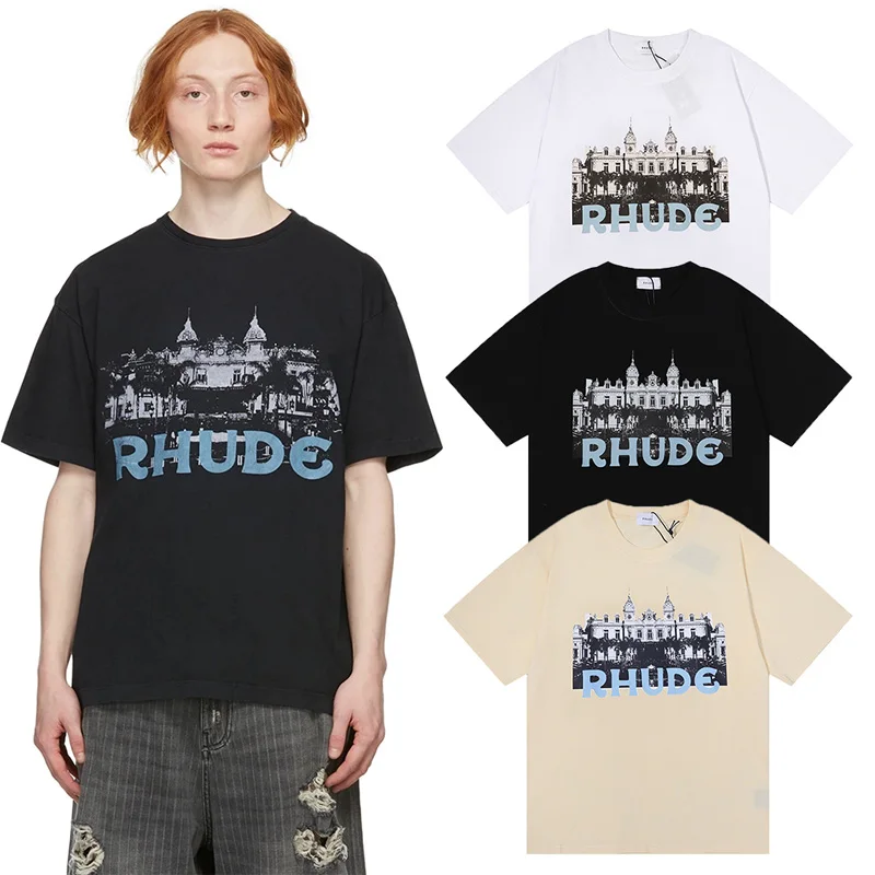 

Spring Summer New Rhude Short Sleeve Castle Print High Quality Cotton T-shirts Men Women Oversize RHUED Tops Tee