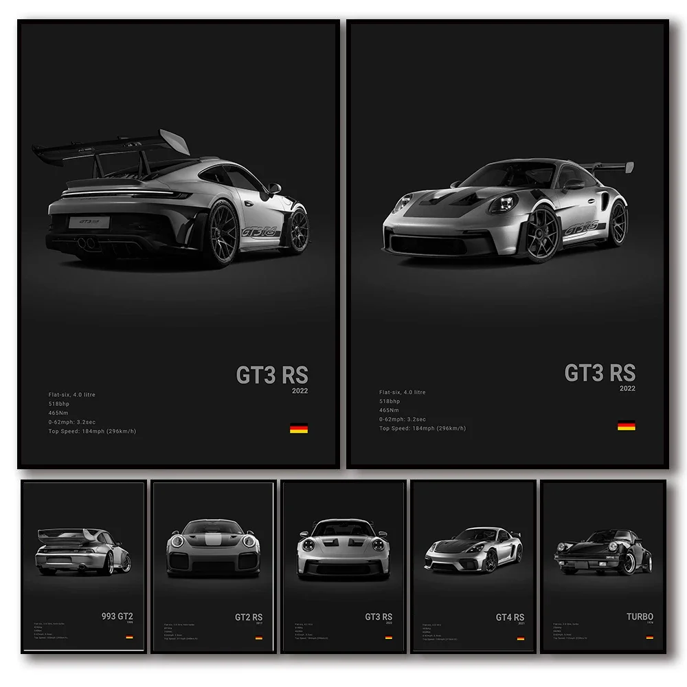 Car Wall Art Print Pop Black and White Germany Luxury Super Sport Car Poster Aesthetic 911 GT3 RS Turbo Canvas Print For Wall Art Garage Room Decor