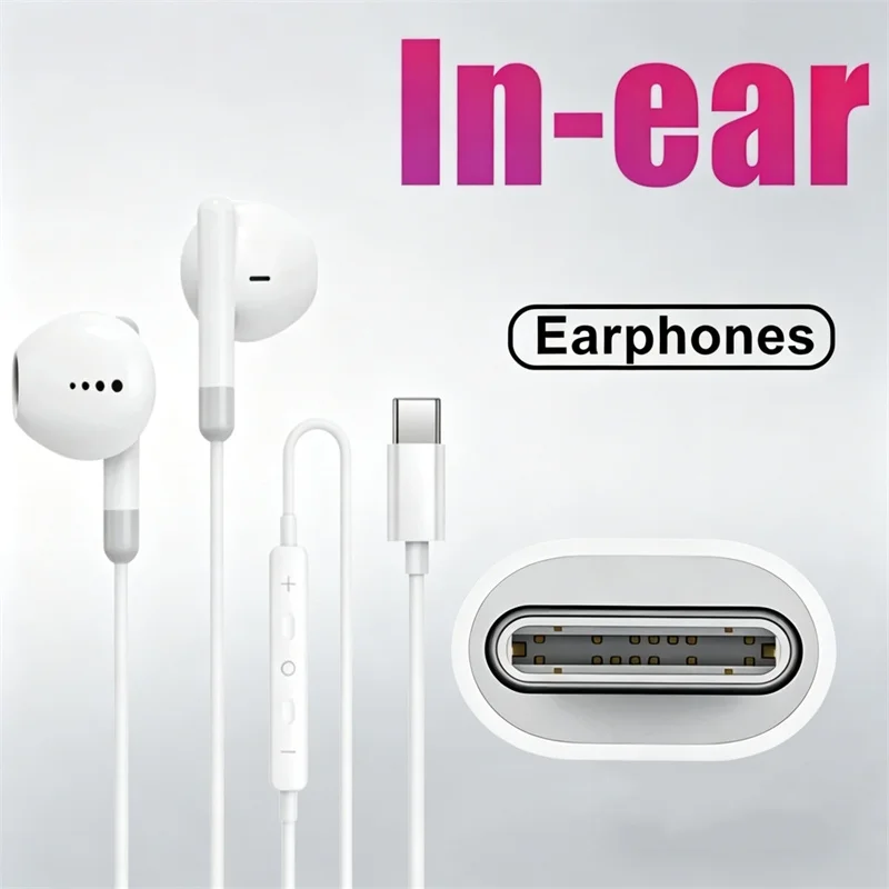 Cuffie Hi-Fi per Apple iPhone 15 Pro Max, auricolari semi-in-ear con microfono, auricolari cablati per Samsung Huawei Xiaomi, auricolari USB-C