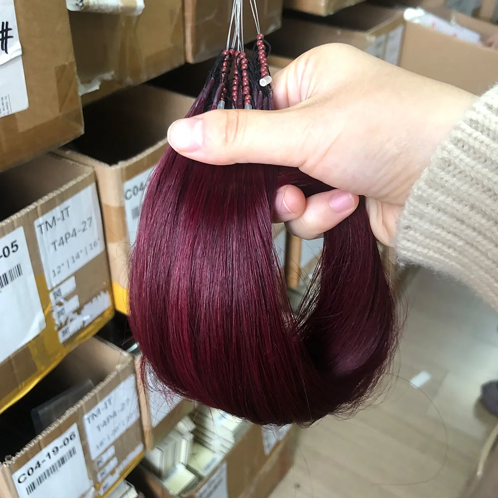 8D Micro Bead Human Hair Extensions Human Hair Natural Burgundy Invisible Silicone Nano Ring Extensions