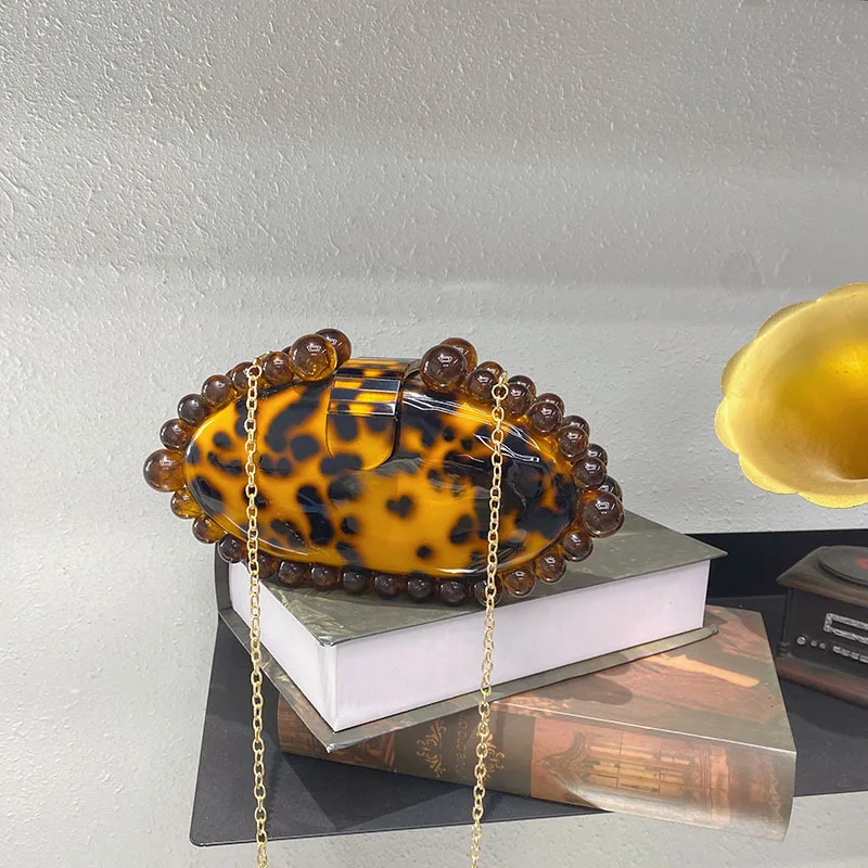 Leopard Beads Acrylic Box Evening Clutch Bag 2025 Women Designer Luxury Sequin Purses And Handbags Wedding Party Purse Clutches