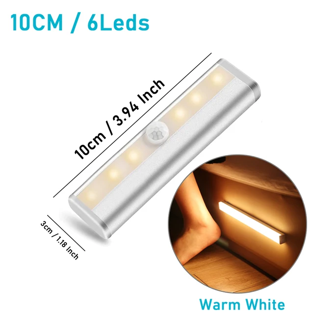 LED Under Cabinet Night Light With 6/10 LEDs PIR Motion Sensor Wireless Lamp for Closet Cupboard Wardrobe Bedroom Stairs Kitchen 10cm Warm White