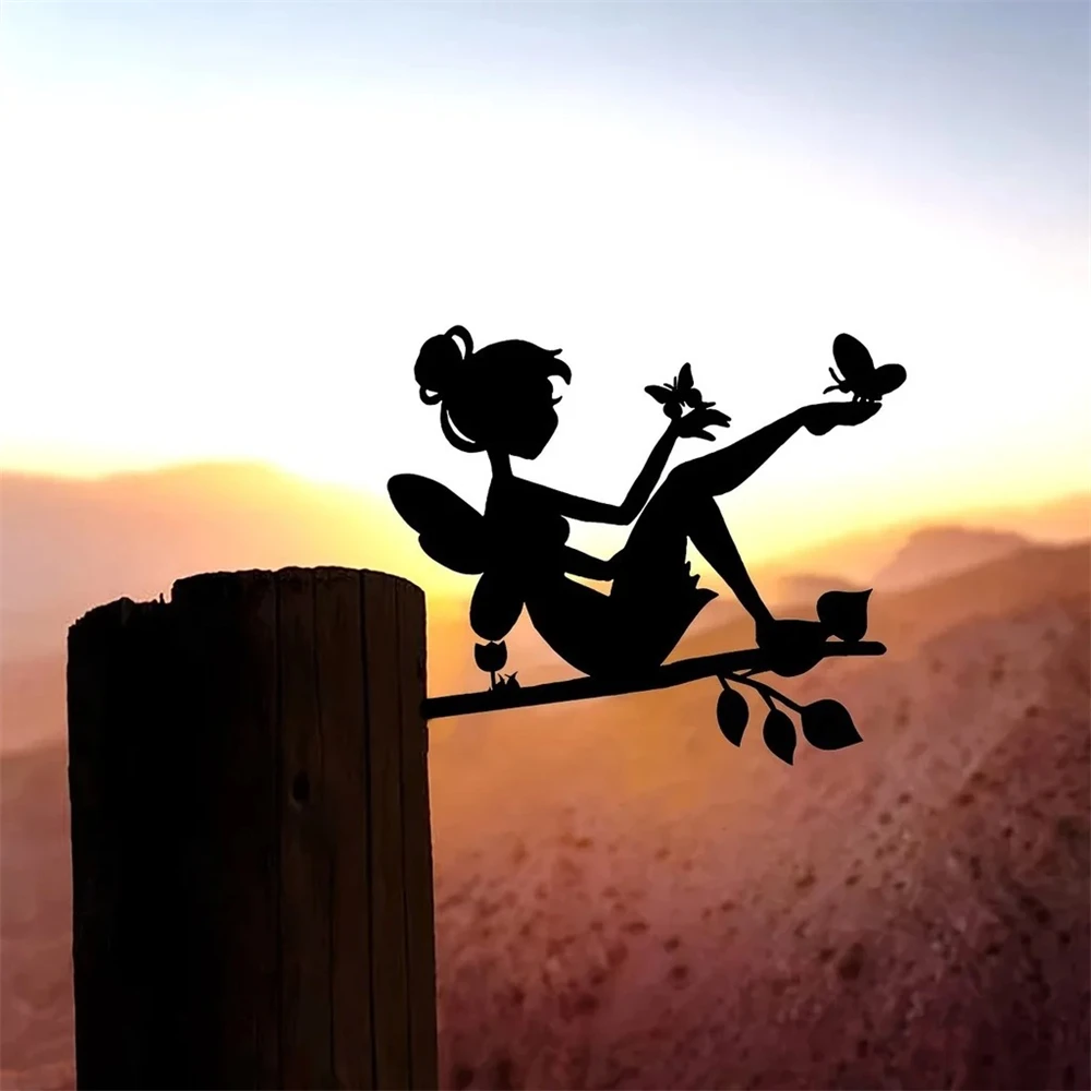 Fairy Silhouette Statue Metal Branch Decoration Angle Metal Stake Outdoor Garden Butterfly Flower Decor Branch Tree Art