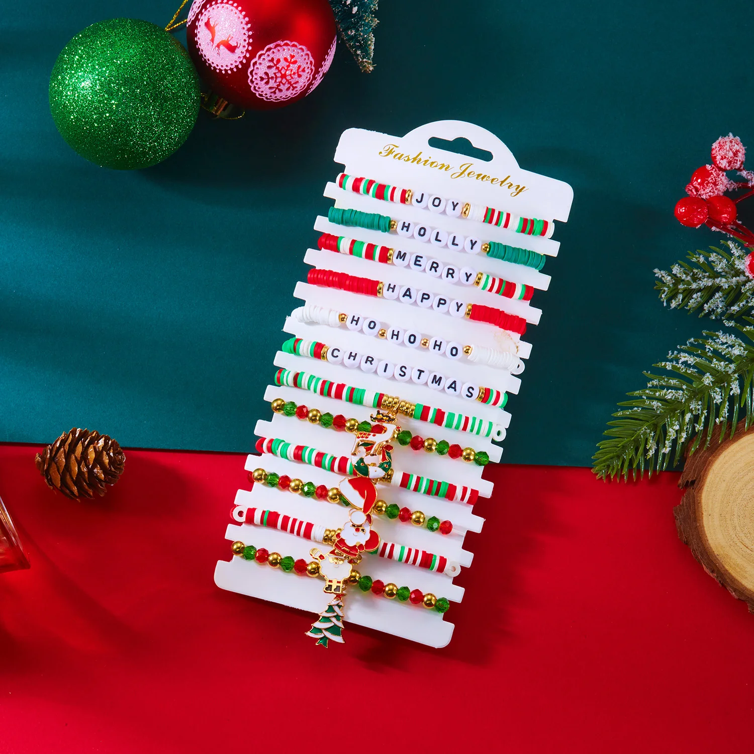 12-teiliges Weihnachts-Armband-Set, bunte weiche Tonperlen, Kristallperlen, Weihnachtsmann-Anhänger, Armreif, Party-Schmuck, Weihnachtsgeschenke für – Detail 15