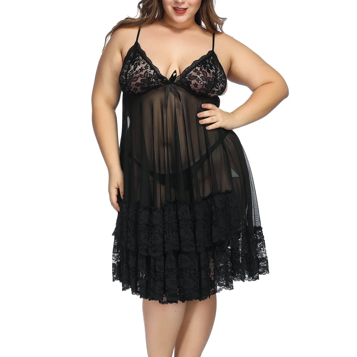 Plus Size Sexy Erotic Lace Hollow-out Night Dress Women Lingerie Nightgown Pijama Women Sleepwear Through Underwear Black 6XL