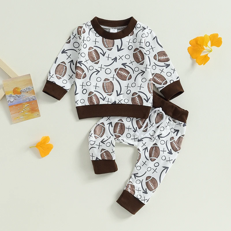 -06-12 Lioraitiin 0-3Years Toddler Baby 2Pcs Fall Outfit Football Print Long Sleeve Tops and Elastic Long Pants Set
