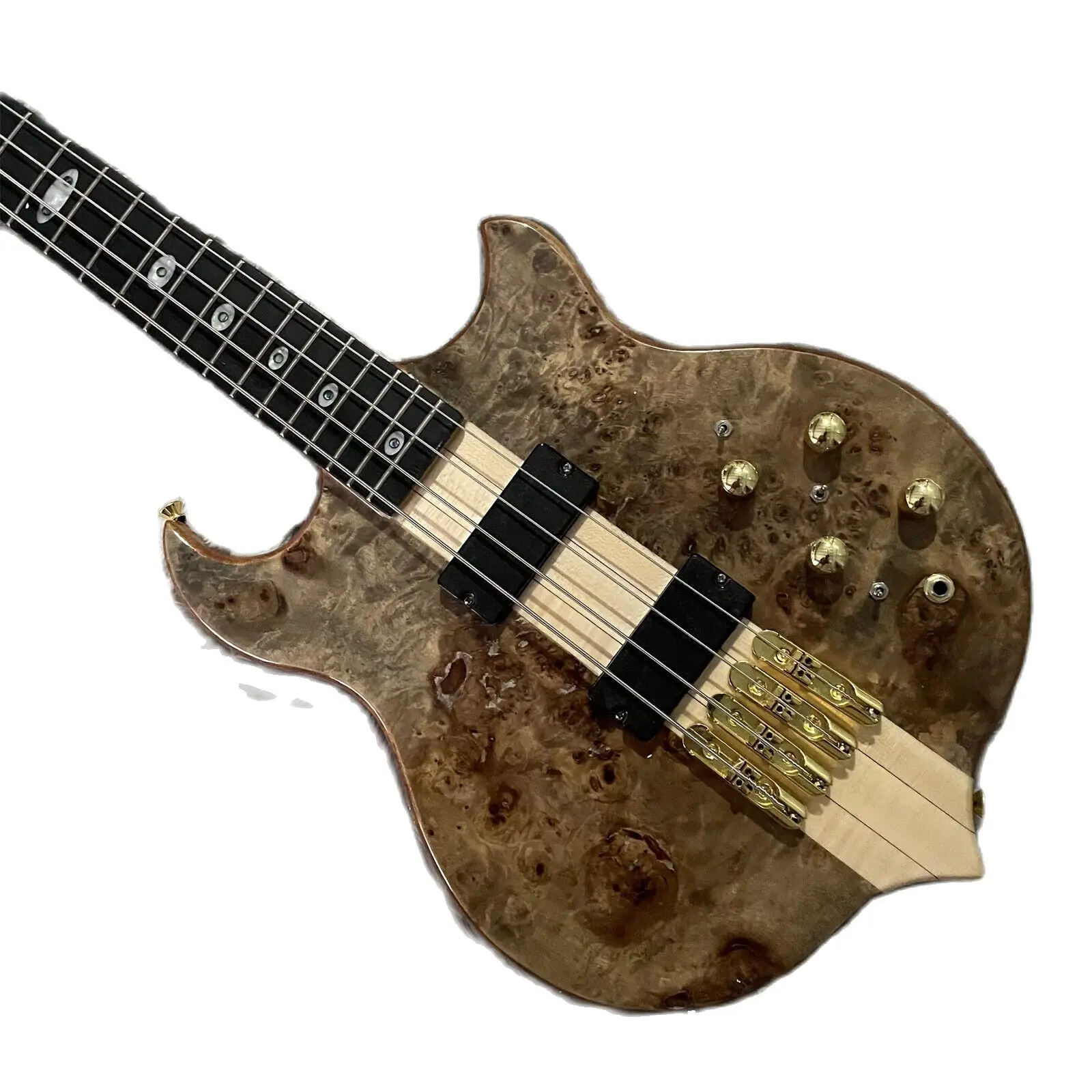 

Tree Burl Top 4 Strings Electric Bass Neck Thru Body Ebony Fretboard Gold Part