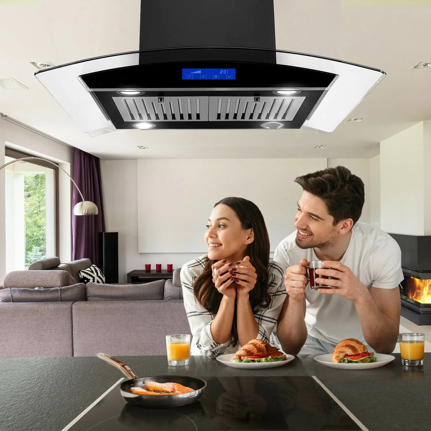 Tieasy 36 inch 700CFM Island Mount Touch Panel 3 Speed Fan Permanent Filters with LED Lights Kitchen Range Hood USGI0290BPB