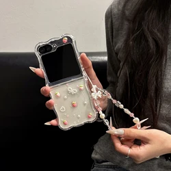 Wave 3D Strawberry Bow Phone Case with Love Heart Pearl Chain Protective Cover - Galaxy Z Flip  4 (Clear)