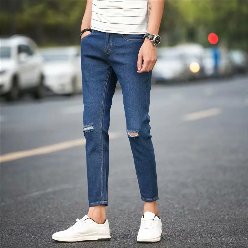 Summer 2022 Fashion Brand Dark Blue Men's New Ripped Jeans Feet Korean Trendy Youth Cut Hole Casual Pencil Pants